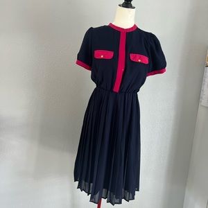 Navy blue pink knee length pleated dress